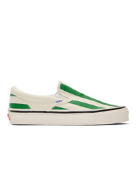 White and Green Horizontal Striped Canvas Slip-on Sneakers