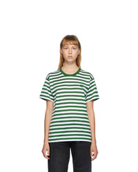 White and Green Horizontal Striped Crew-neck T-shirt
