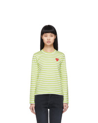 Comme Des Garcons Play Green And White Striped Heart Patch Long Sleeve T Shirt