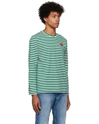 Comme Des Garcons Play Green White Striped Heart Patch Long Sleeve T Shirt