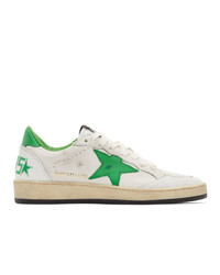 White and Green Print Leather Low Top Sneakers