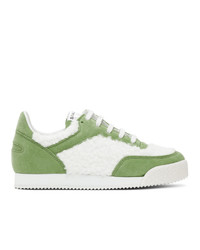 White and Green Suede Low Top Sneakers