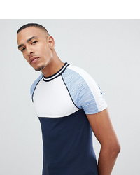 ASOS DESIGN Tall Muscle Fit Raglan T Shirt With Interest Fabric Sleeves And Piping In Blue