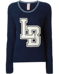 White and Navy Embroidered Crew-neck Sweater