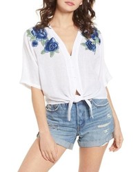 White and Navy Embroidered Short Sleeve Blouse