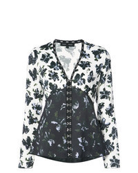 White and Navy Floral Long Sleeve Blouse