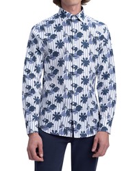 Bugatchi Shaped Fit Floral Print Stretch Cotton Button Up Shirt In Whitenavy At Nordstrom