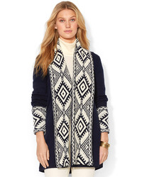 White and Navy Geometric Open Cardigan