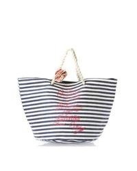 White and Navy Horizontal Striped Canvas Bag