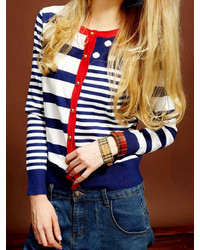 Choies Blue Stripes Cardigans With Long Sleeve