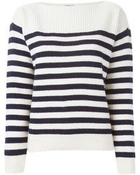 White and Navy Horizontal Striped Crew-neck Sweater