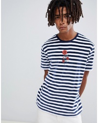 ASOS DESIGN Relaxed Velour Stripe T Shirt With Rose Embroidery In Navy And White