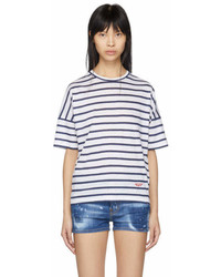 Dsquared2 White And Navy Striped Linen Leisure T Shirt