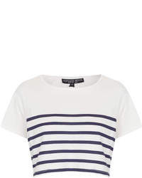 White and Navy Horizontal Striped Cropped Top