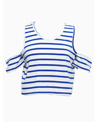 Choies Blue And White Stripe Off Shoulder Crop Top T Shirt