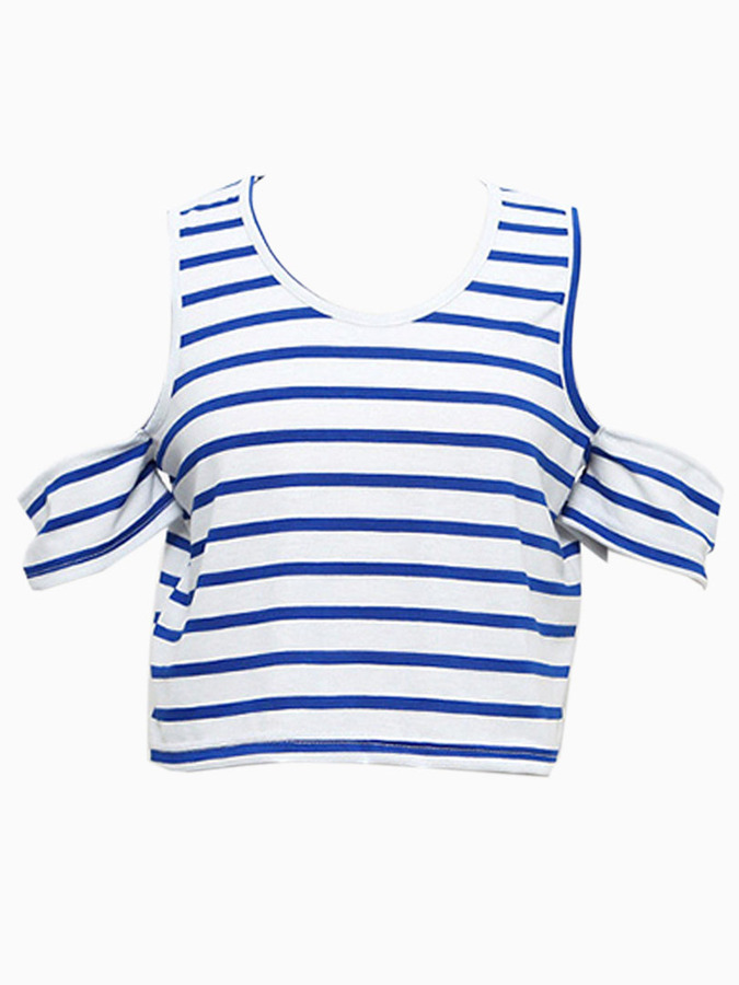 Blue And Stripe Off Shoulder Top T Shirt, $13 | Choies | Lookastic