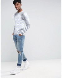 Asos Linen Mix Muscle Long Sleeve T Shirt With Reverse Print Stripe