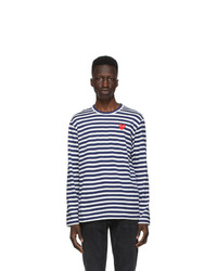 Comme Des Garcons Play Navy And White Striped Heart Patch Long Sleeve T Shirt