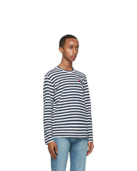 Comme Des Garcons Play Navy Stripe Double Heart Long Sleeve T Shirt