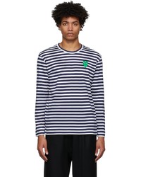 Comme Des Garcons Play Navy White Striped Heart Patch Long Sleeve T Shirt