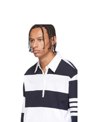Thom Browne Navy And White 4 Bar Oversized Long Sleeve Polo