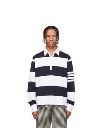 Thom Browne Navy And White 4 Bar Oversized Long Sleeve Polo