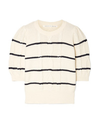 White and Navy Horizontal Striped Short Sleeve Sweater