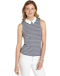 Casual Couture by Green Envelope Navy And White Stretch Striped Collared Sleeveless Top