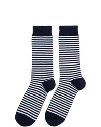 Sunspel White And Navy Stripe Socks