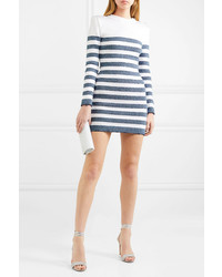 Balmain Button Embellished Sequined Striped Stretch Knit Mini Dress