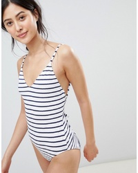 White and Navy Horizontal Striped Swimsuit