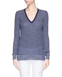 White and Navy Horizontal Striped V-neck Sweater
