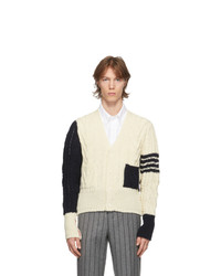 Thom Browne Off White And Navy Wool Funmix 4 Bar Cardigan
