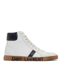 White and Navy Leather High Top Sneakers