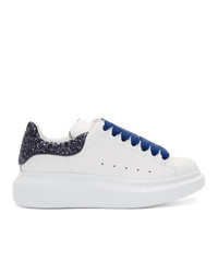 White and Navy Leather Low Top Sneakers