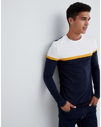ASOS DESIGN Muscle Fit Longline Long Sleeve T Shirt With Contrast Panels In Navy