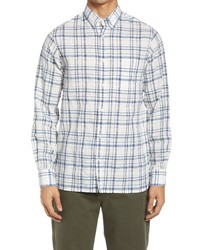 White and Navy Plaid Linen Long Sleeve Shirt