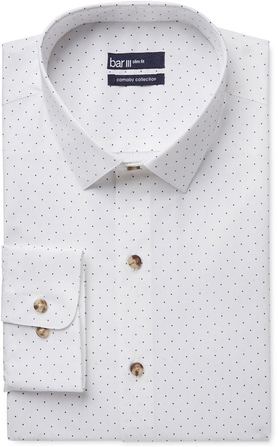 Bar III Carnaby Collection Slim Fit White Navy Polka Dot Print