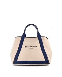 White and Navy Print Canvas Tote Bag