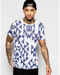 Asos Brand T Shirt With Nepp Base And Geo Tribal All Over Print In White And Blue