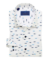 David Donahue Trim Fit Shark Print Dress Shirt