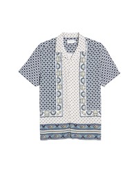 Topman Border Print Revere Collar Button Up Shirt In Blue At Nordstrom