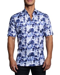 Maceoo Galileo Tie Dye Blue Short Sleeve Button Up Shirt