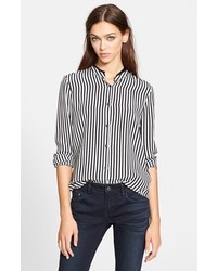 The Kooples Stripe Silk Blouse With Leather Trimmed Collar