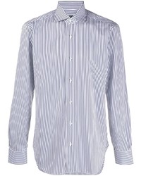 Men's Brown Linen Blazer, White and Navy Vertical Striped Dress Shirt ...