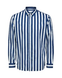 Selected Homme Verio Slim Fit Stripe Organic Cotton Button Up Shirt In Estate Blue At Nordstrom