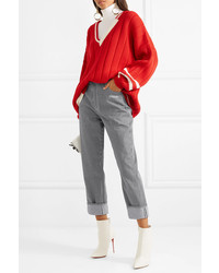 Off-White Cropped Striped High Rise Straight Leg Jeans