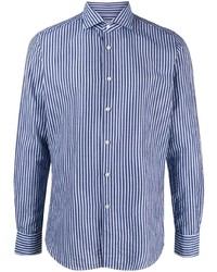 White and Navy Vertical Striped Linen Long Sleeve Shirt