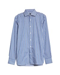 Zegna Milano Stripe Cotton Button Up Shirt In Blue Stripe At Nordstrom