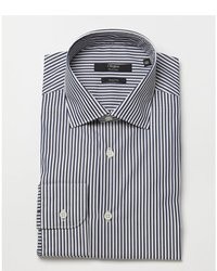 Z Zegna Navy And White Striped Cotton Spread Collar Dress Shirt